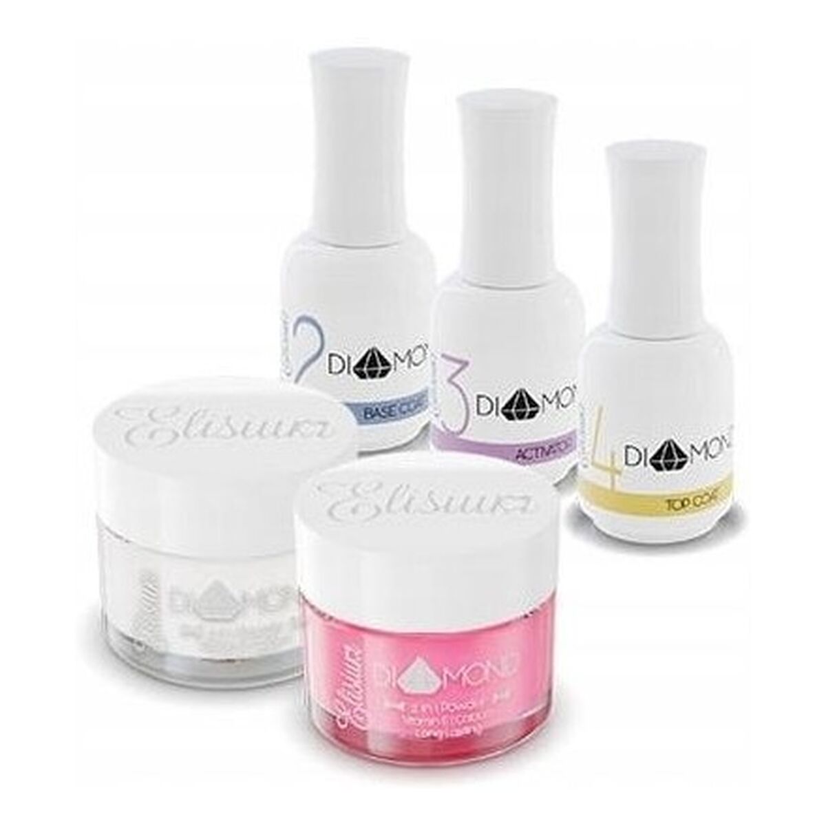 Elisium Zestaw Diamond Mini Base Coat 15ml + Activator 15ml + Top Coat 15ml + Clear 23g + żel Warm Violet 23g