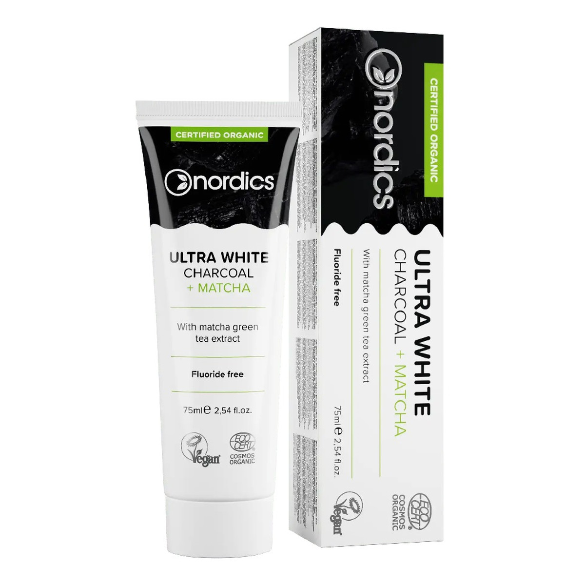 Nordics Ultra white organic toothpaste pasta do zębów bez fluoru z węglem charcoal + matcha