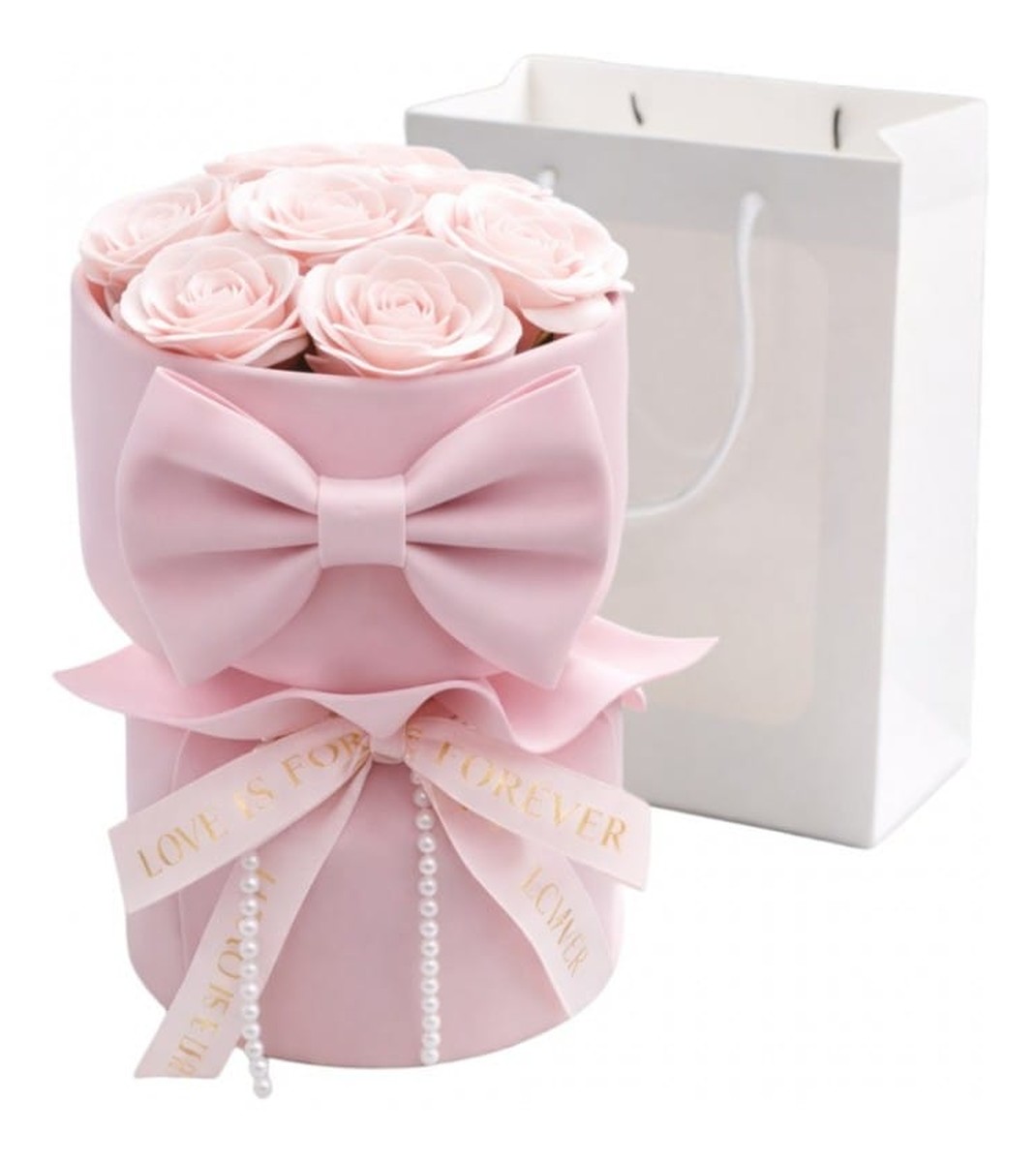 bukiet mydlanych kwiatów pastelowe RÓŻE z kokardą BUK24R