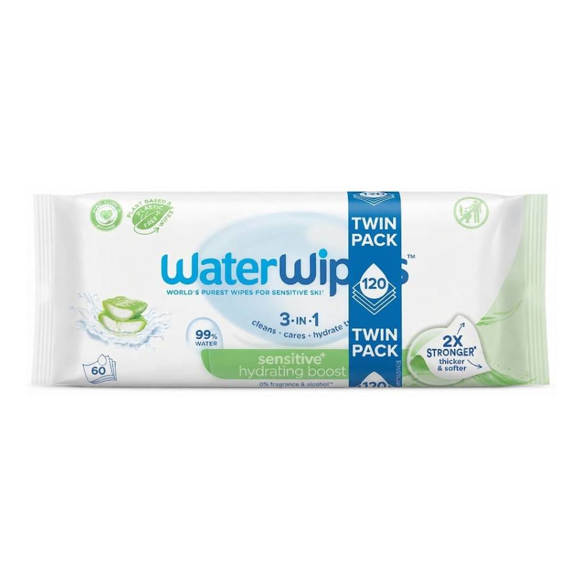 WaterWipes Sensitive+ Nawilżający Zastrzyk chusteczki łagodzące z aloesem 2x60szt.