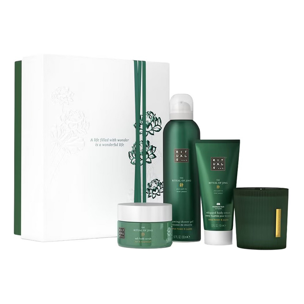 Rituals The Ritual Of Jing peeling do ciała 125g + krem do ciała 100ml + pianka pod prysznic 200ml + świeca zapachowa 140g