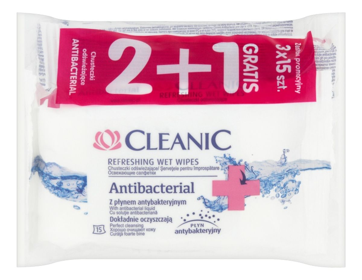 Antibacterial Chusteczki odświeżające z płynem antybakteryjnym 3 x 15 sztuk