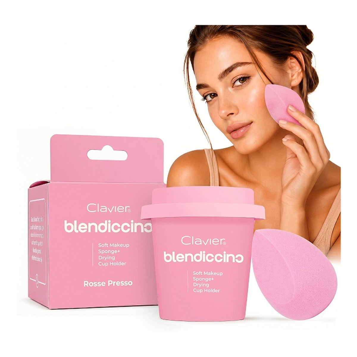 Clavier Blendiccino gąbeczka ścięta do makijażu + etui Kubeczek Rose Presso