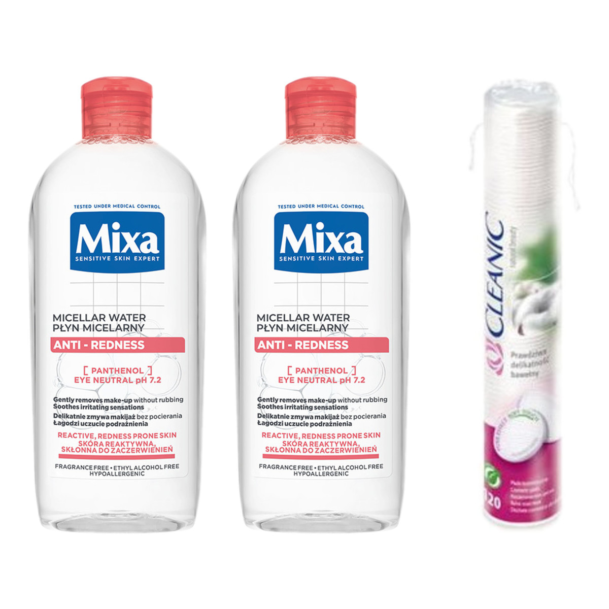 Mixa Ekspert Skóry Wrażliwej Skóra Zaczerwieniona Płyn Micelarny 2x400ml + Cleanic Płatki kosmetyczne 120szt.