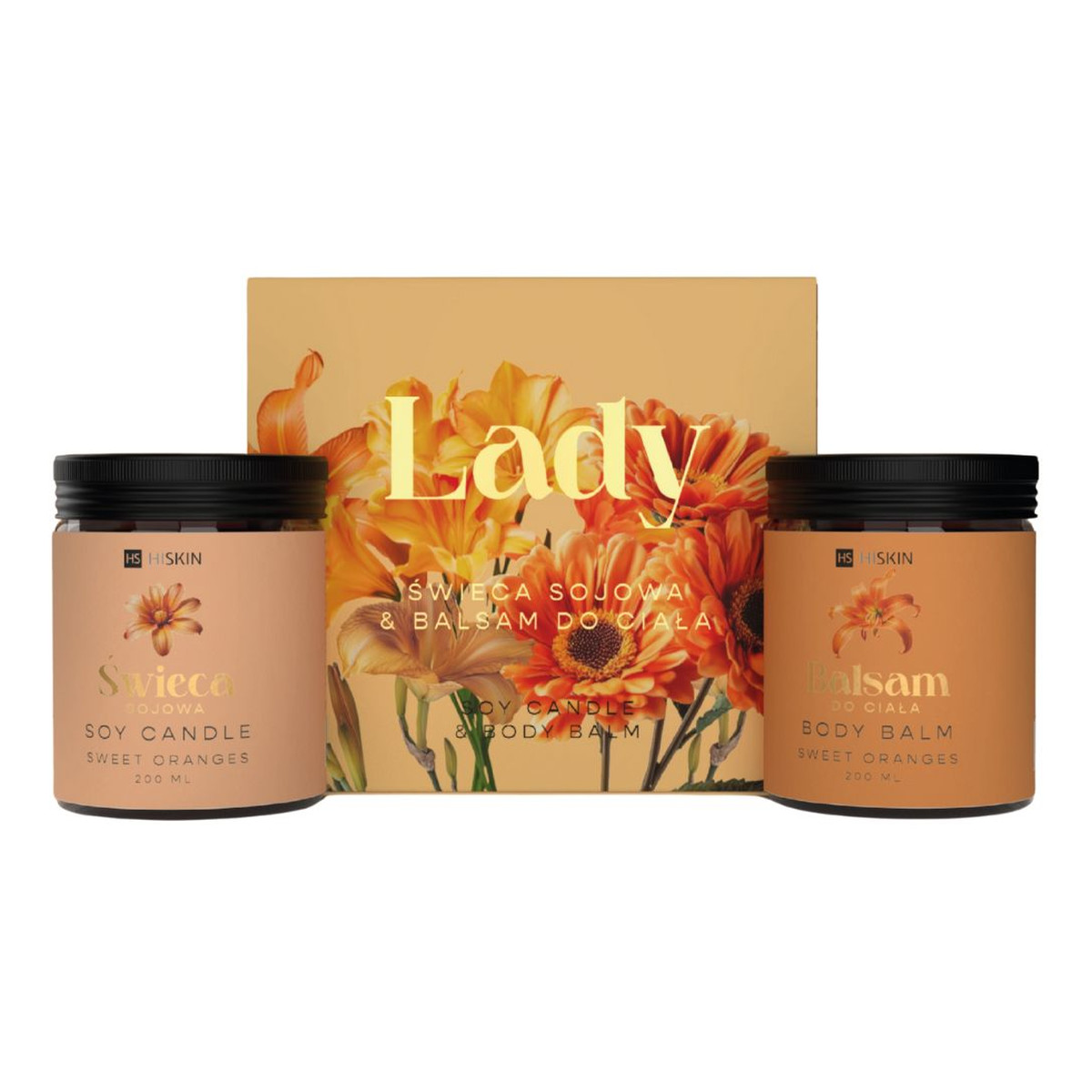 Hiskin Lady Sweet Oranges Zestaw świeczka sojowa 200ml + balsam do ciała 200ml