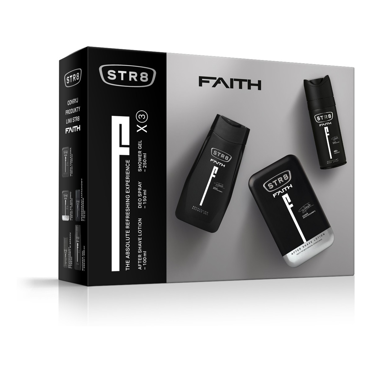 STR8 Faith Zestaw prezentowy (dezodorant spray 150ml+żel pod prysznic 250ml+płyn po goleniu 100ml) 500ml