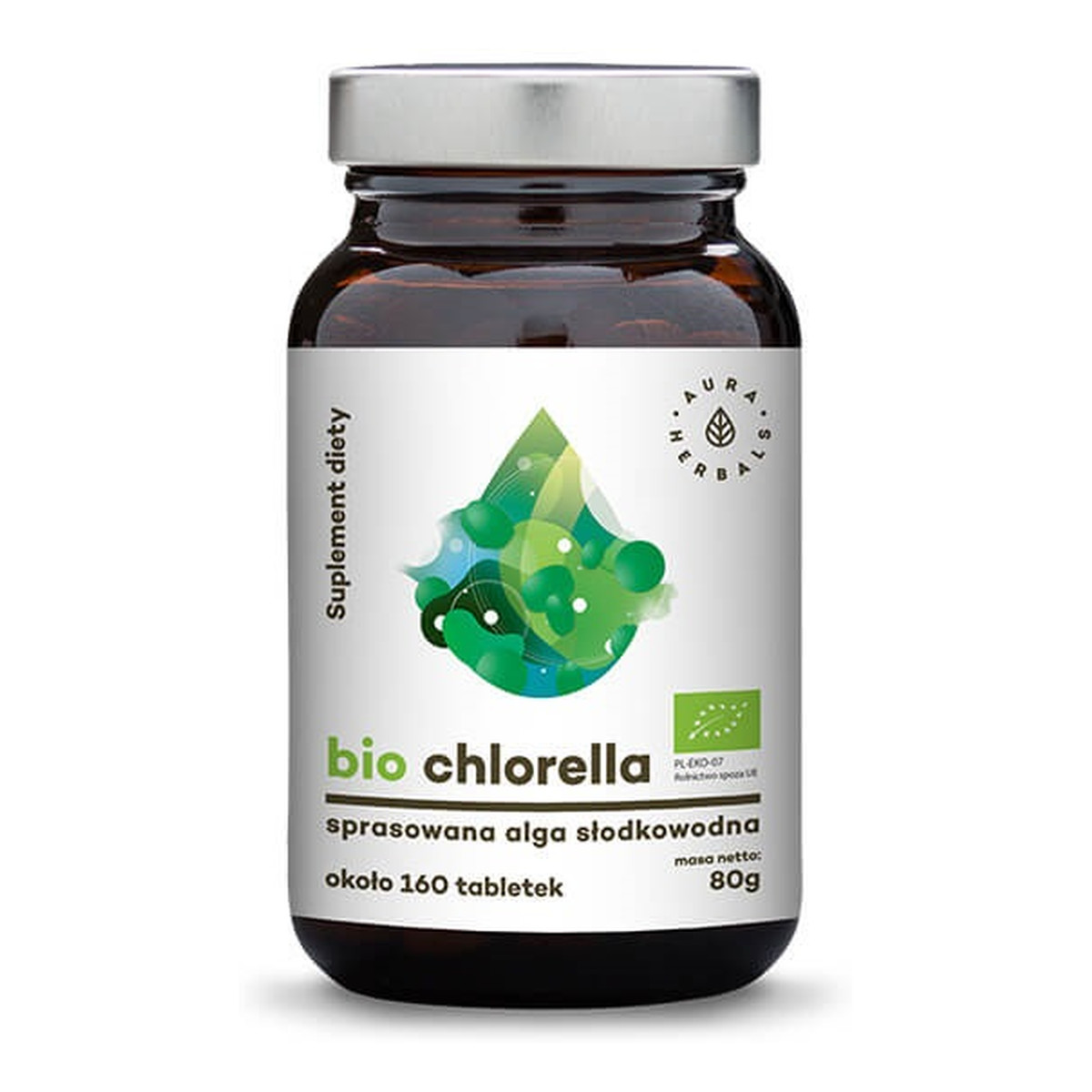 Aura Herbals Suplement diety sproszkowana alga słodkowodna Bio Chlorella 160 Tabletek 80g