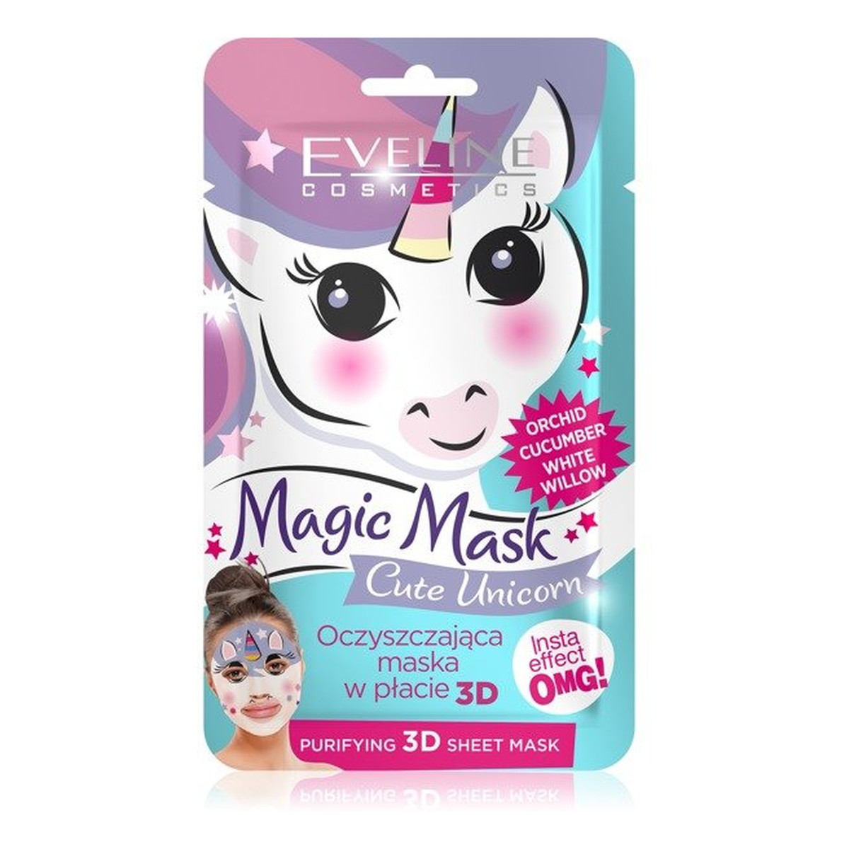 Eveline Magic Mask Cute Unicorn oczyszczająca maska w płachcie 3D Orchidea & Ogórek Biała Wierzba