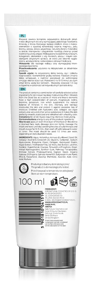 Maseczka nawilżająca do twarzy z minerałami z Morza Martwego i kwasem hialuronowym