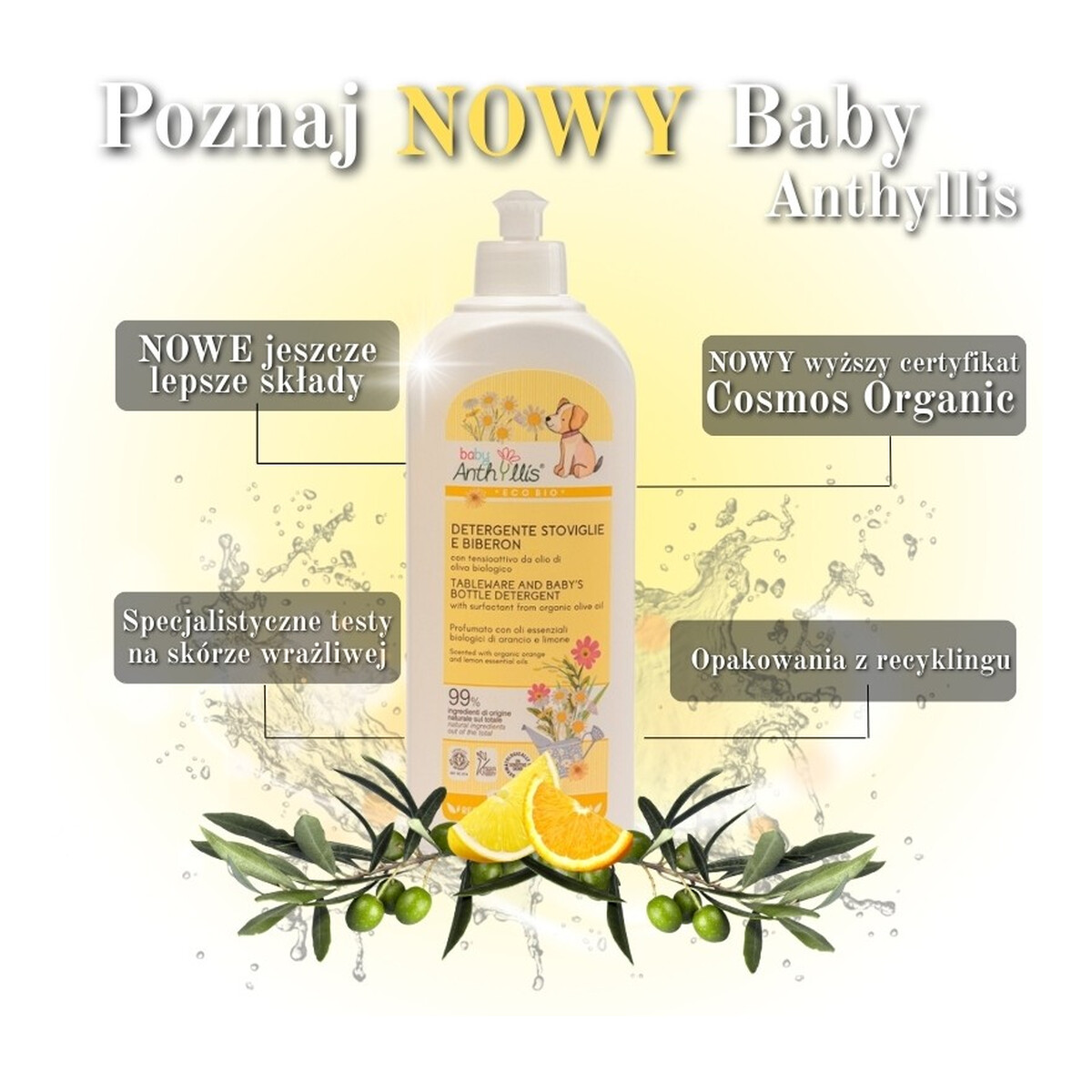 Anthyllis Baby Eko płyn do ręcznego mycia naczyń i butelek dziecięcych z surfaktantem z organicznej oliwy z oliwek 500ml