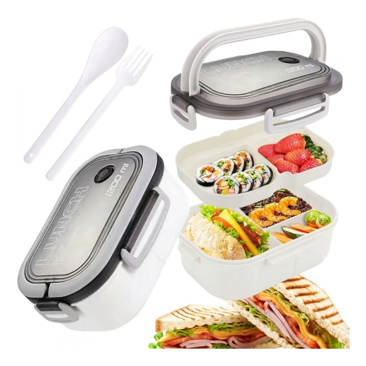 Ecarla Śniadaniówka LUNCH BOX ze sztućcami 21 x 14,5 x 8cm biały PJM44B