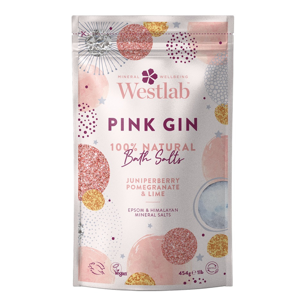Westlab Pink gin bath salts rewitalizująco-oczyszczająca sól do kąpieli owoc jałowca & granat & limonka 454g