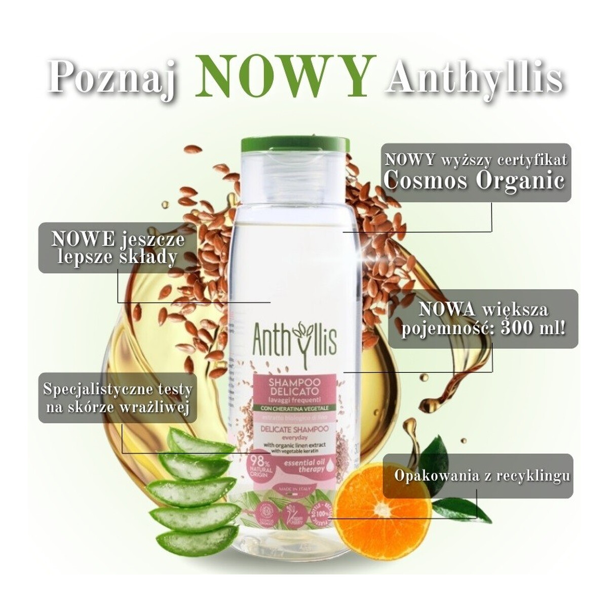 Anthyllis Bio Szampon do częstego mycia włosów z roślinną keratyną i ekstraktem z lnu 300ml