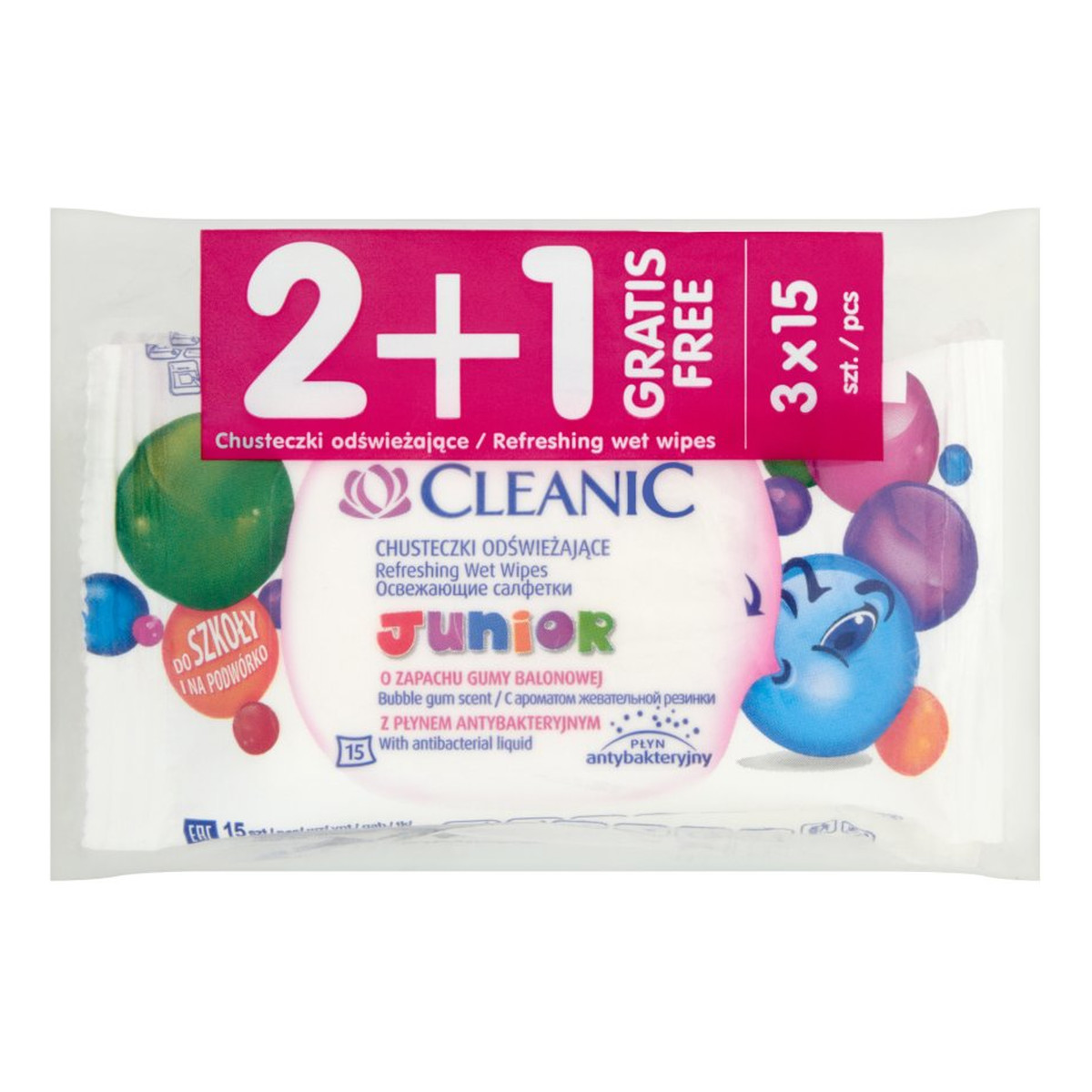 Cleanic Junior Chusteczki odświeżające o zapachu gumy balonowej 3 x 15 sztuk