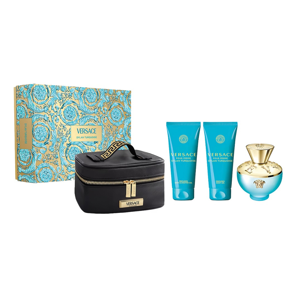 Versace Dylan Turquoise Pour Femme Zestaw woda toaletowa spray 100ml + żel pod prysznic 100ml + żel do ciała 100ml + kosmetyczka