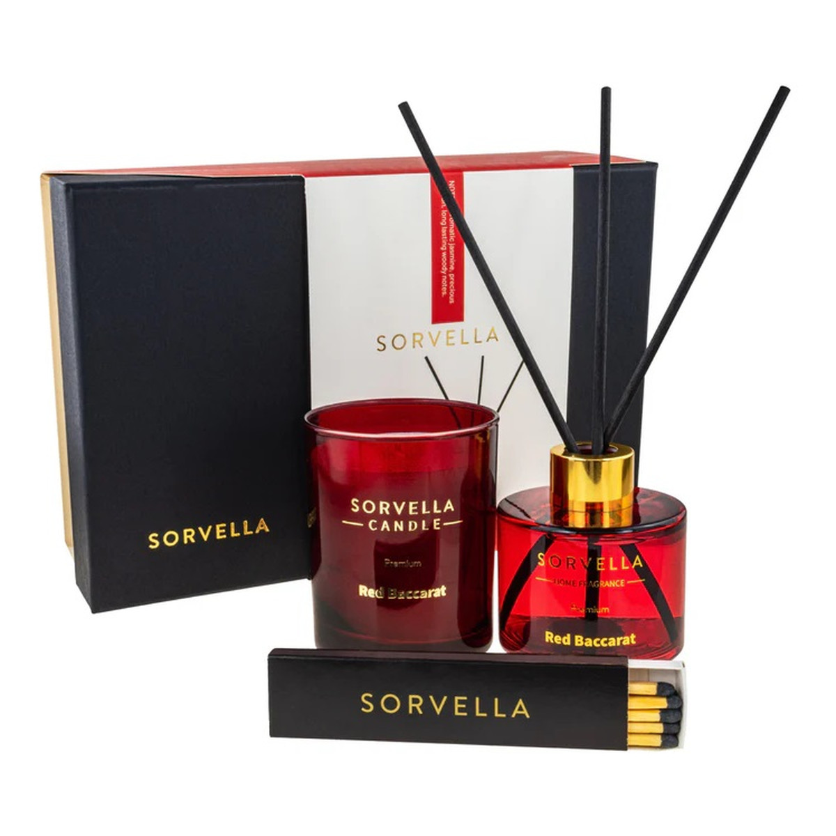 Sorvella Perfume Red Baccarat Zestaw dyfuzor zapachowy 120ml + świeca zapachowa 170g + zapałki