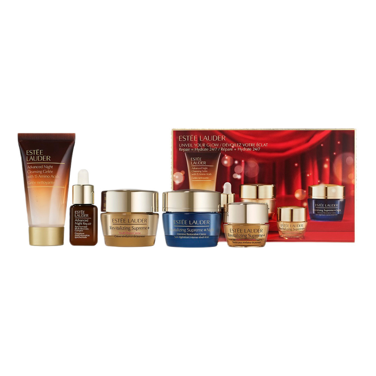 Estee Lauder Unveil Your Glow Zestaw żel oczyszczający do twarzy na noc 30ml + serum naprawcze 7ml + krem rewitalizujący 15ml + krem rewitalizujący na noc 15ml + krem pod oczy 5ml