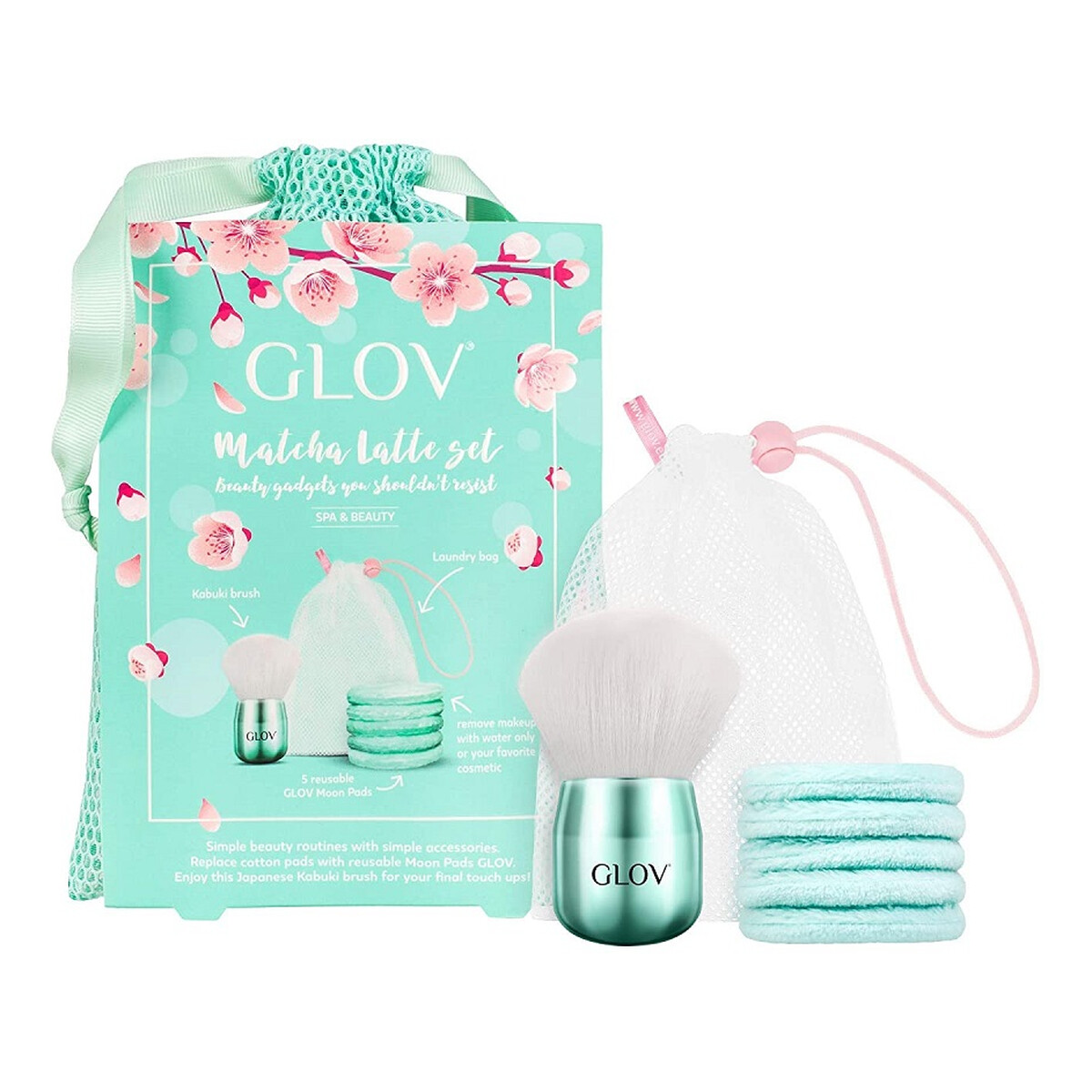 Glov Matcha Latte Zestaw moon pads waciki do demakijażu 5szt + kabuki brush pędzel do makijażu + woreczek