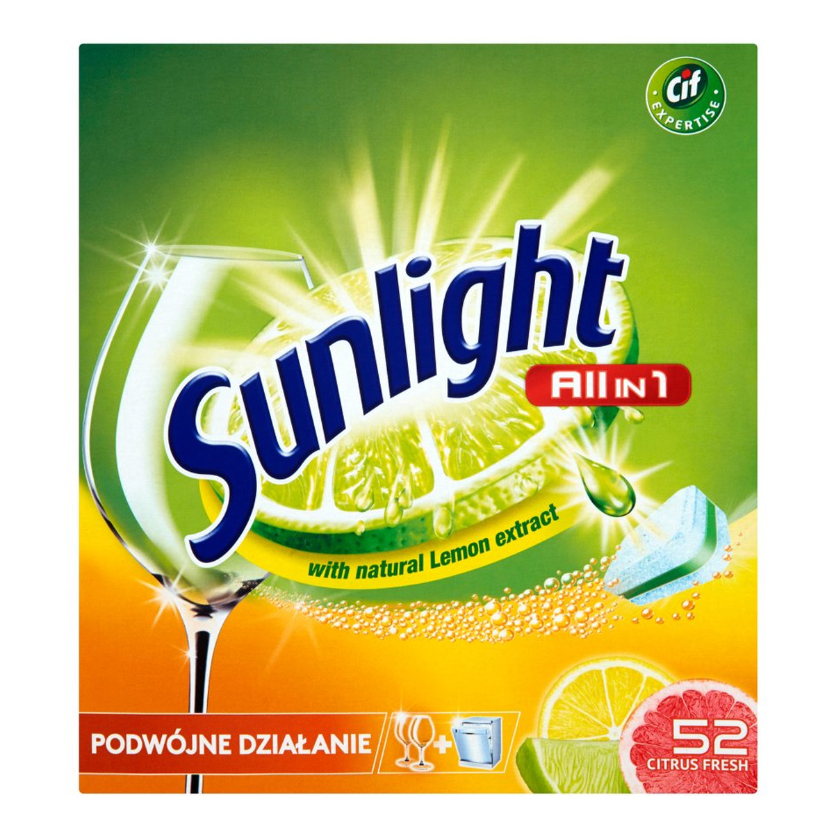 Sunlight All In 1 Double Action tabletki do mycia naczyń w zmywarkach Citrus Fresh 52szt 910g