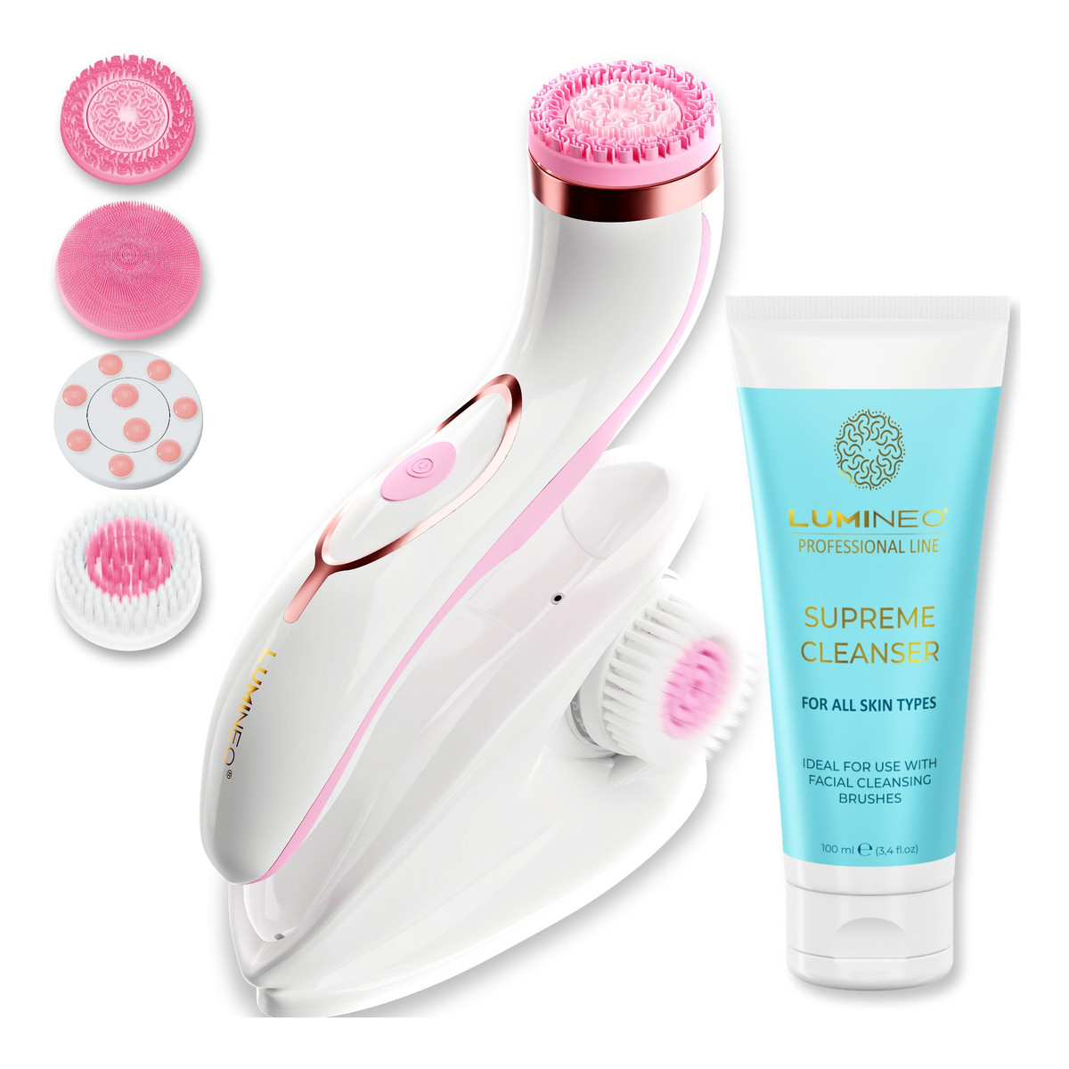 Lumineo Professional line szczoteczka do twarzy brush pro różowa + Żel oczyszczajacy lumineo do wszystkich typów cery 100 ml