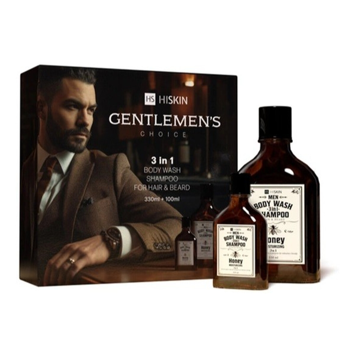 Hiskin Gentleman’s Choice Zestaw żel do mycia ciała i szampon do włosów i brody 3w1 honey 330ml + żel do mycia ciała i szampon do włosów i brody 3w1 honey 100ml