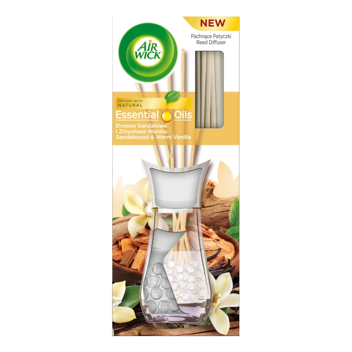 Air Wick Essential Oils pachnące patyczki zapachowe drzewo sandałowe i zmysłowa wanilia 30ml