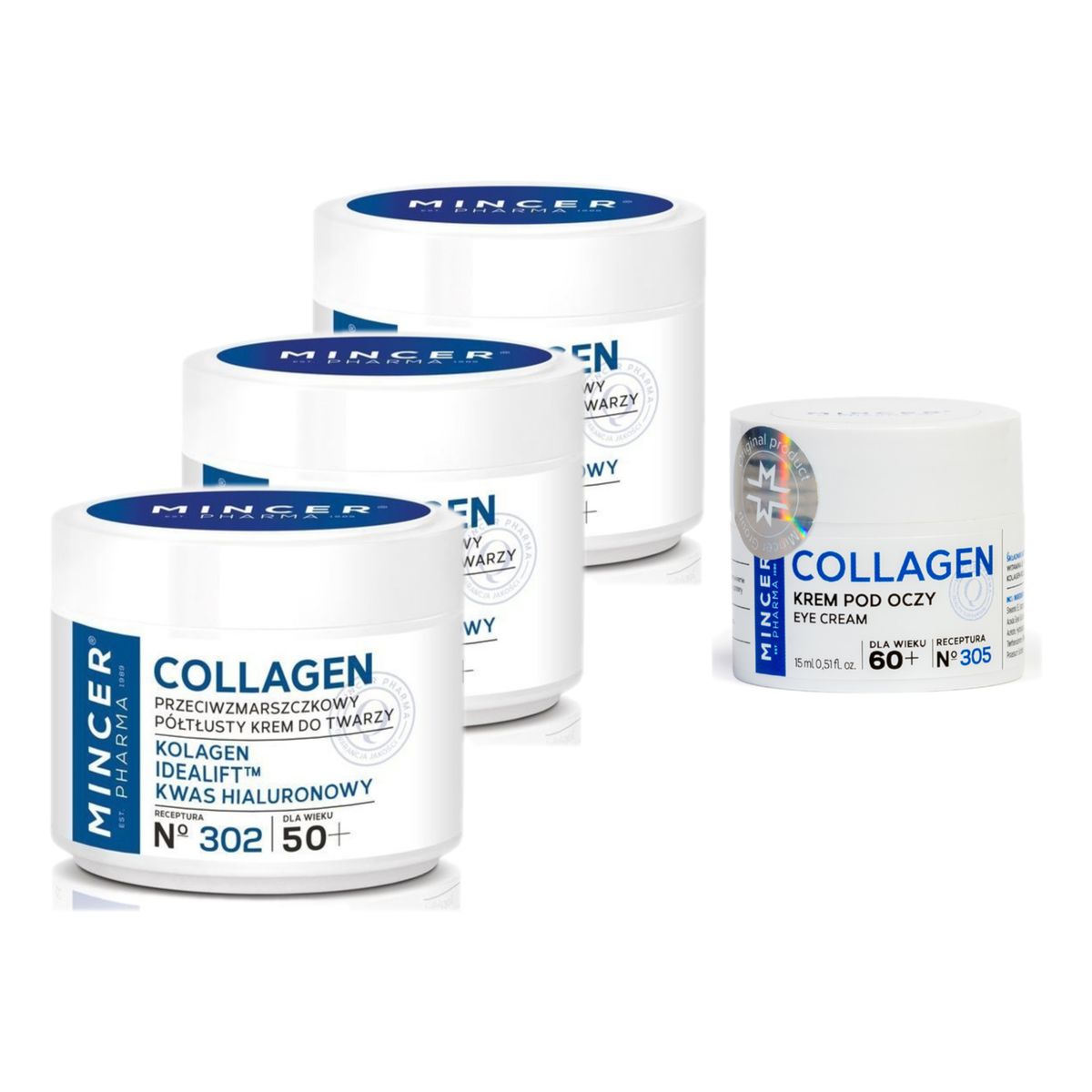 Mincer Pharma Collagen 50+ Krem półtłusty przeciwzmarszczkowy 302 3szt. + pod oczy 60+ No305
