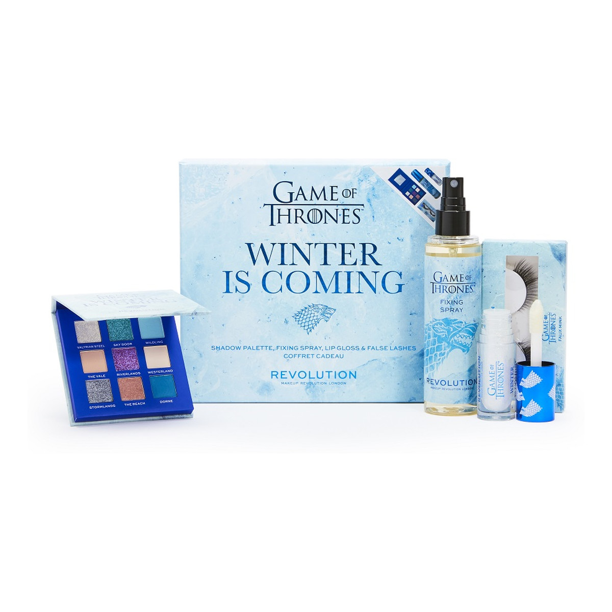 Makeup Revolution X Game Of Thrones Winter Is Coming Set Zestaw eyeshadow palette paleta cieni do powiek + fixing spray utrwalacz makijażu + shimmer bomb błyszczyk do ust + flutter false eyelashes sztuczne rzęsy
