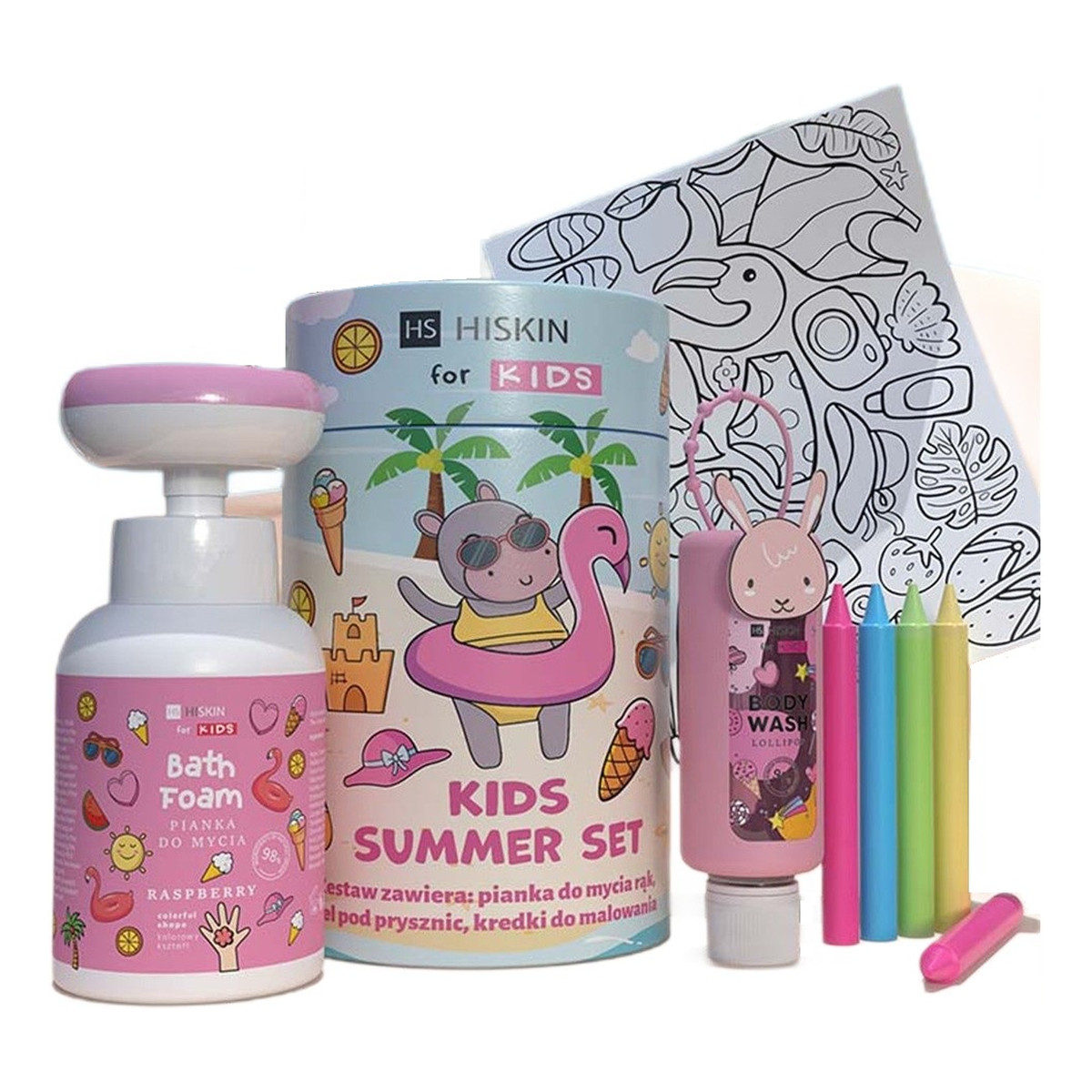 Hiskin Kids Summer Pink Zestaw płyn do kąpieli 75ml + pianka do mycia 300ml + kredki 5szt + kolorowanka