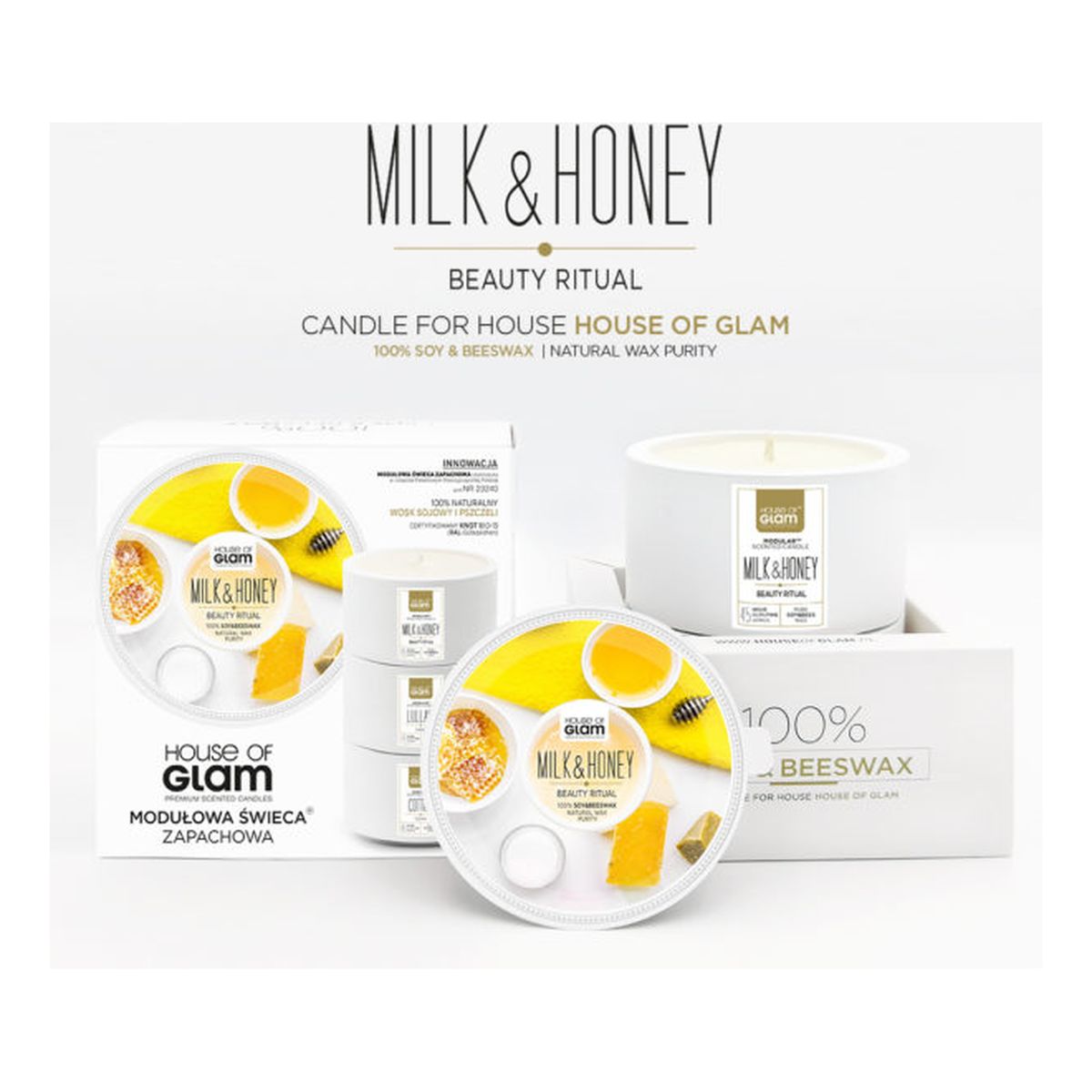 House Of Glam Świeca zapachowa z wosku sojowego i pszczelego Beauty Milk & Honey SPA 200g