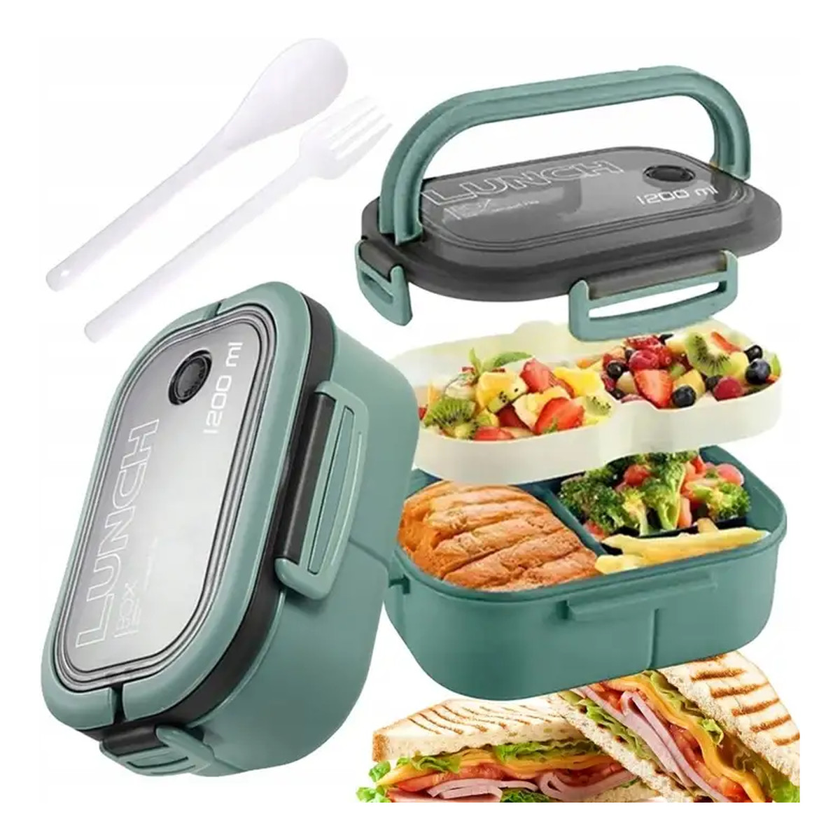 Ecarla Śniadaniówka LUNCH BOX ze sztućcami 21 x 14,5 x 8cm mięta PJM44M 1200ml