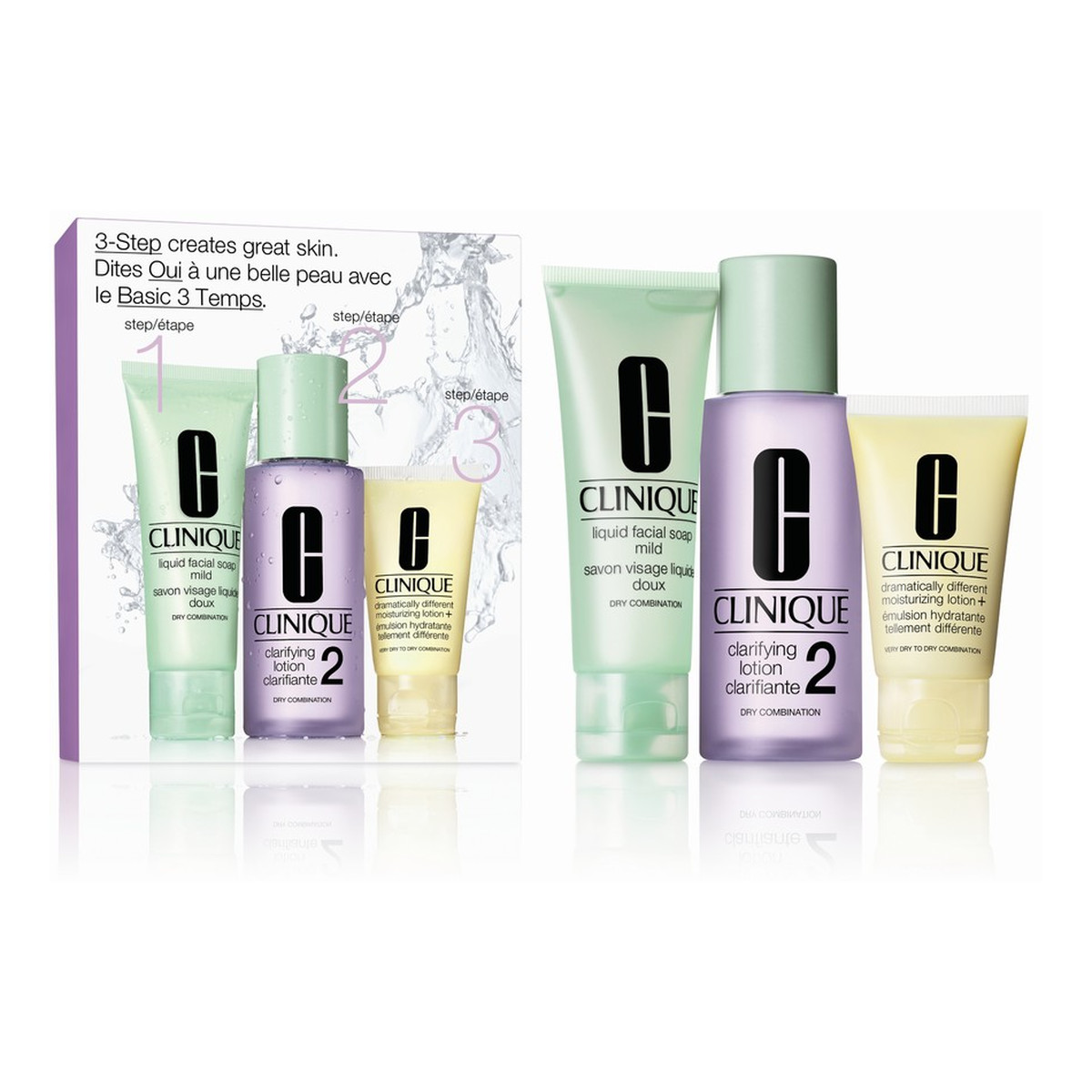 Clinique ZESTAW 3 Kroki Typ Skóry 2 - Mieszana Sucha Mydło W Płynie 50ml + Płyn Złuszczający 100ml + Emulsja nawilżająca 30ml