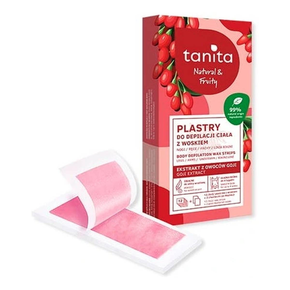 Tanita Natural & Fruity Plastry do depilacji ciała z woskiem - z ekstraktem z owoców Goji 12 sztuk (6x2)+ 2 chusteczki po depilacji