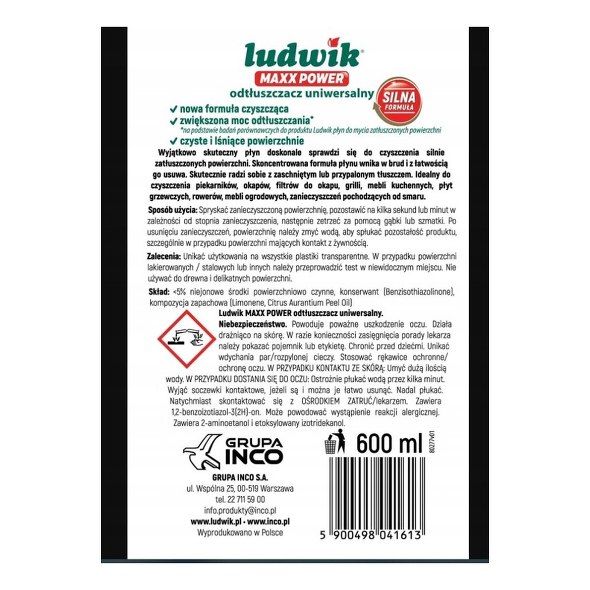Ludwik Maxx Power Odtłuszczacz Uniwersalny Extra Mocny Spray 600ml