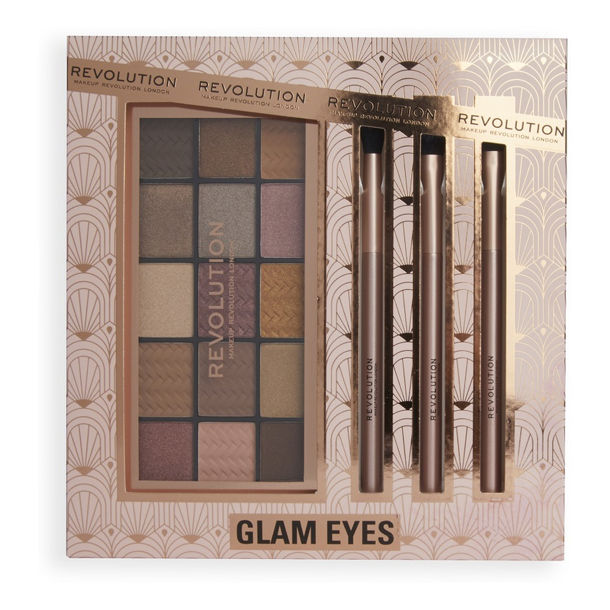Makeup Revolution Glam Eyes Makeup Gift Set Zestaw reloaded eyeshadow palette paleta cieni do powiek + eyeshadow brushes pędzle do makijażu 3szt