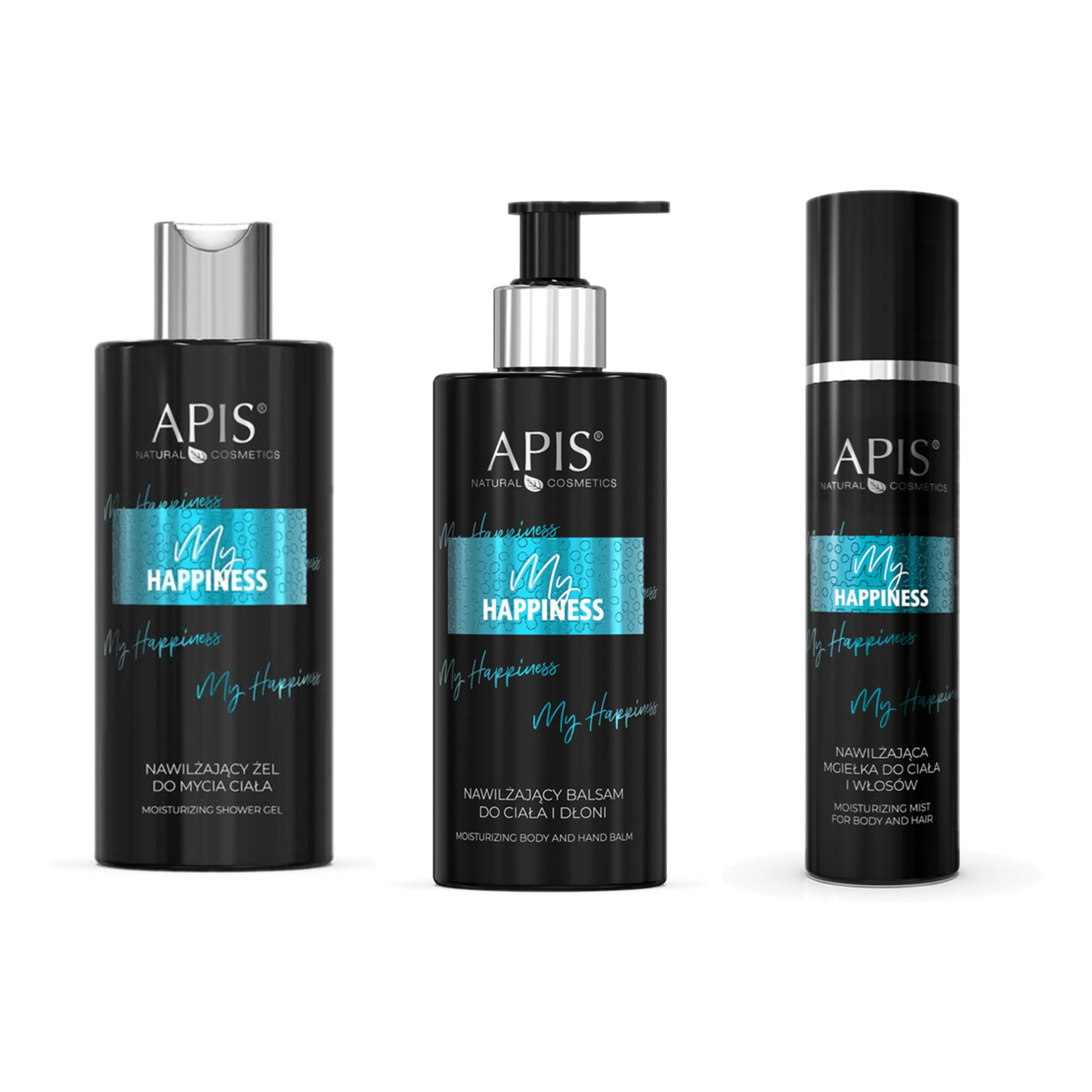 Apis My Happiness Nawilżający balsam do ciała i dłoni 300ml + Mgiełka do ciała włosów 150ml + Żel pod prysznic 300ml