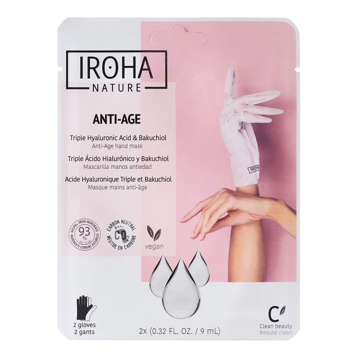 Iroha Nature Anti-Age Hand Mask przeciwstarzeniowa maska do rąk w formie rękawic Triple Hyaluronic Acid & Bakuchiol 2x9ml 18