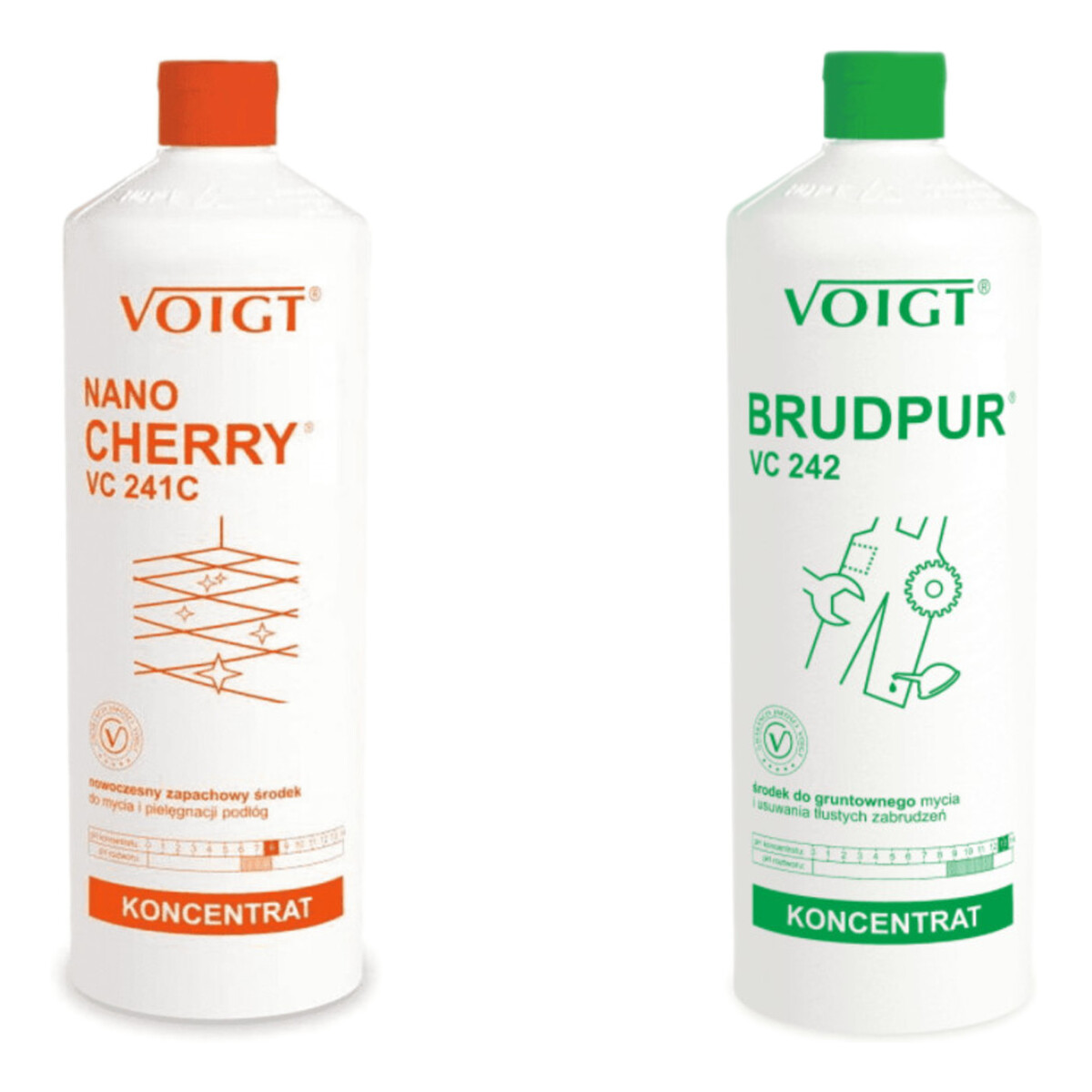 Voigt Brudpur Środek Do Gruntownego Mycia I Usuwania Tłustych Zabrudzeń VC242 + Voigt Nano Cherry Nowoczesny zapachowy środek do mycia i pielęgnacji podłóg VC241C 2x1L