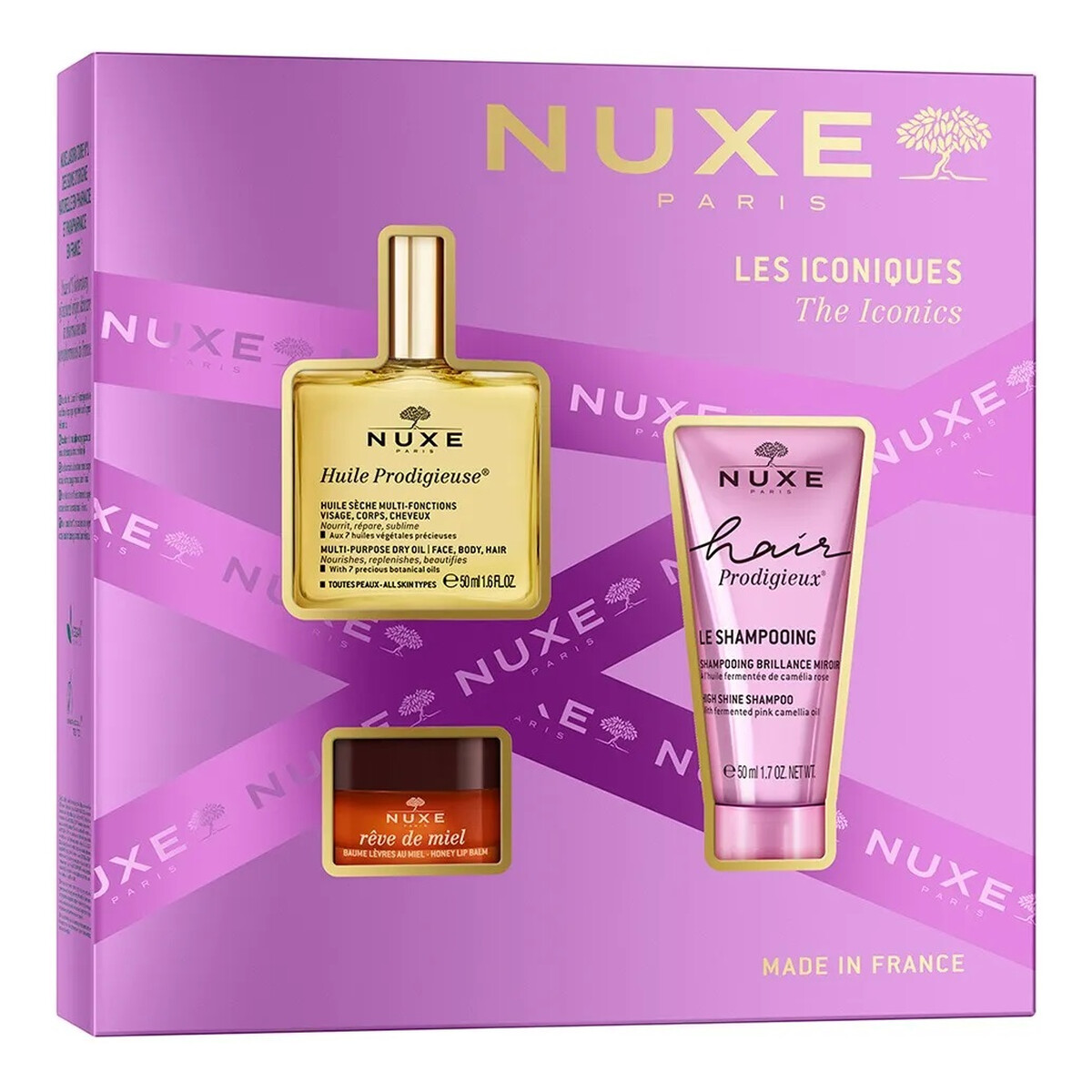 Nuxe The Iconics Zestaw suchy olejek regenerujący 50ml + balsam do ust 15g + szampon wygładzający 50ml