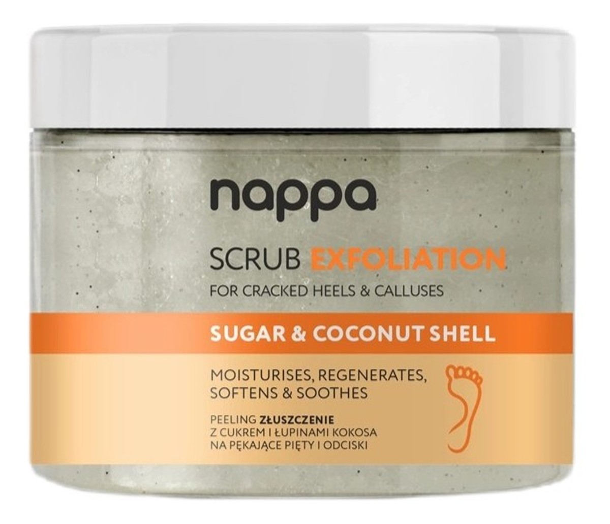 Nappa scrub exfoliation peeling złuszczenie z cukrem i łupinami kokosa na pękające pięty i odciski