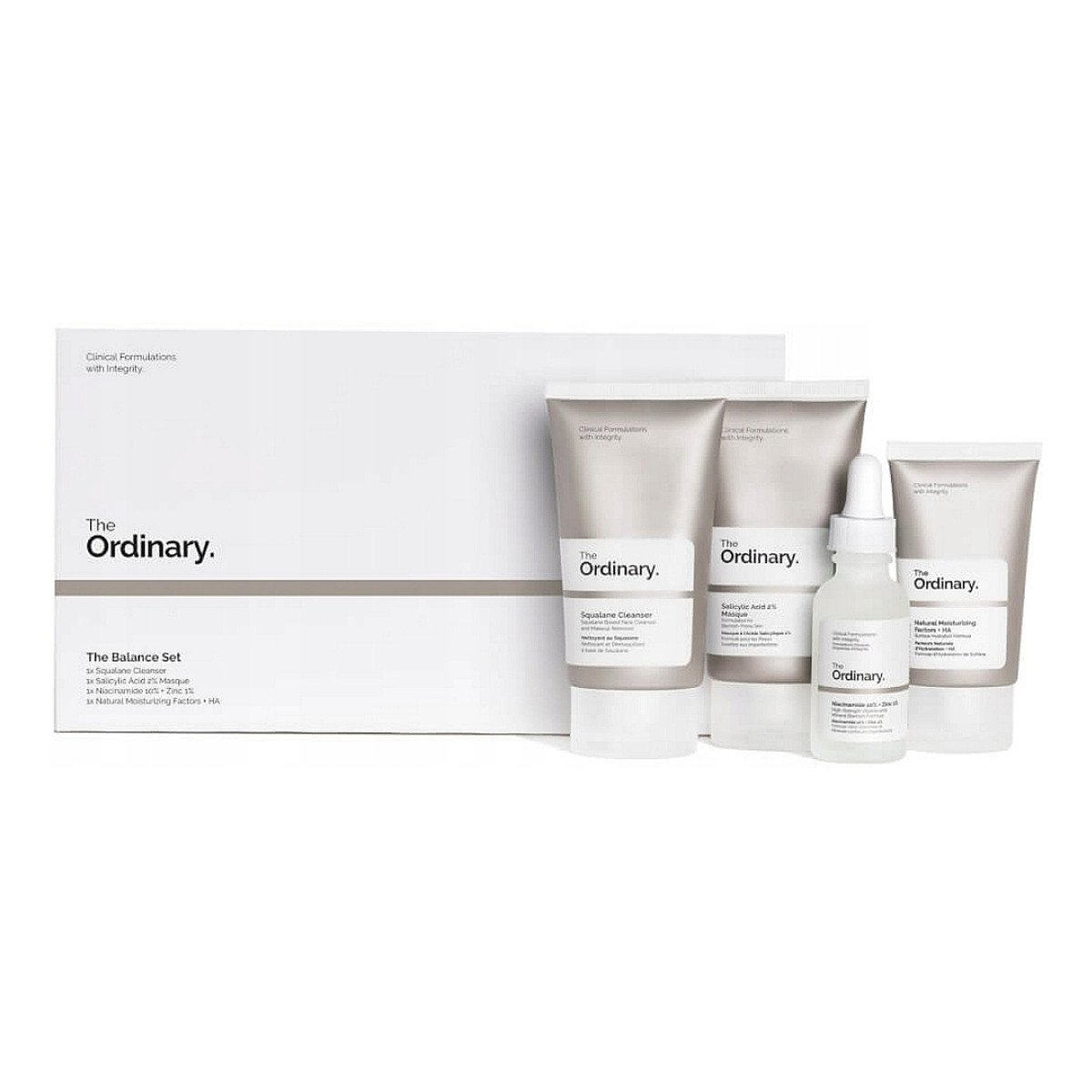 The Ordinary THE BALANCE SET: NAWILŻAJĄCA EMULSJA OCZYSZCZAJĄCA 50ML + MASKA DO TWARZY Z KWASEM SALICYLOWYM 50ML + SERUM Z WITAMINĄ B3 I CYNKIEM 30ML + KREM NNAWILŻAJĄCY Z KWASEM HIALURONOWYM 30ML