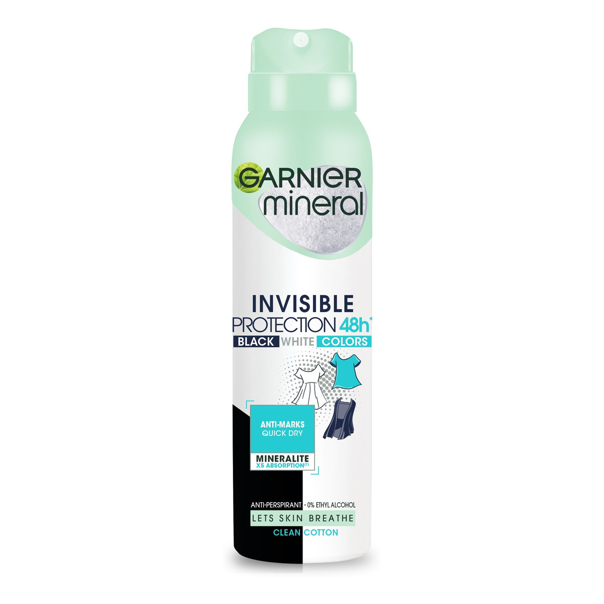 Garnier Mineral Dezodorant spray Invisible Protection 48h Clean Cotton- Black White Colors 150ml