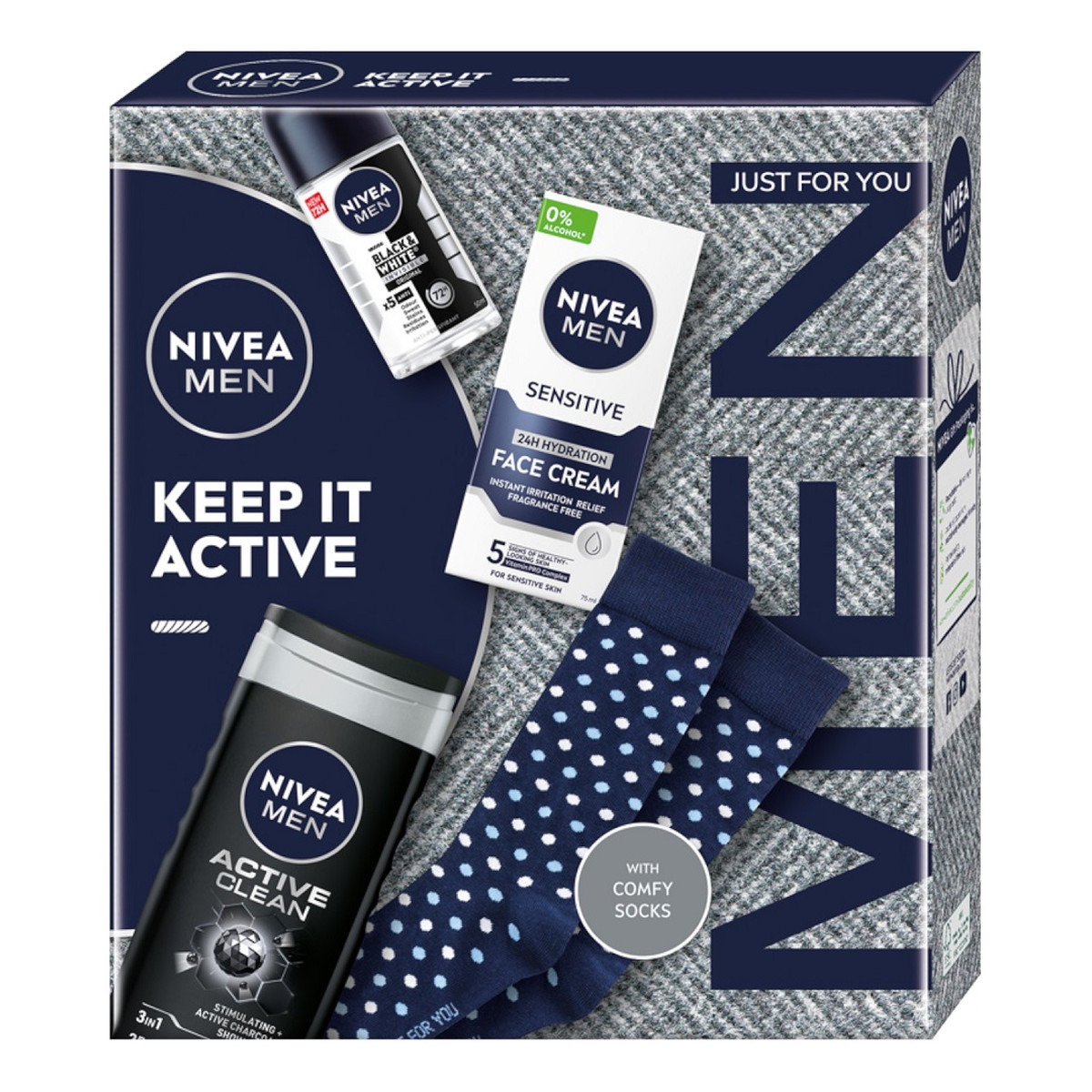 Nivea Men Keep It Active Zestaw żel pod prysznic 3w1 250ml + antyperspirant roll-on 50ml + łagodzący krem nawilżający do twarzy 75ml + skarpetki