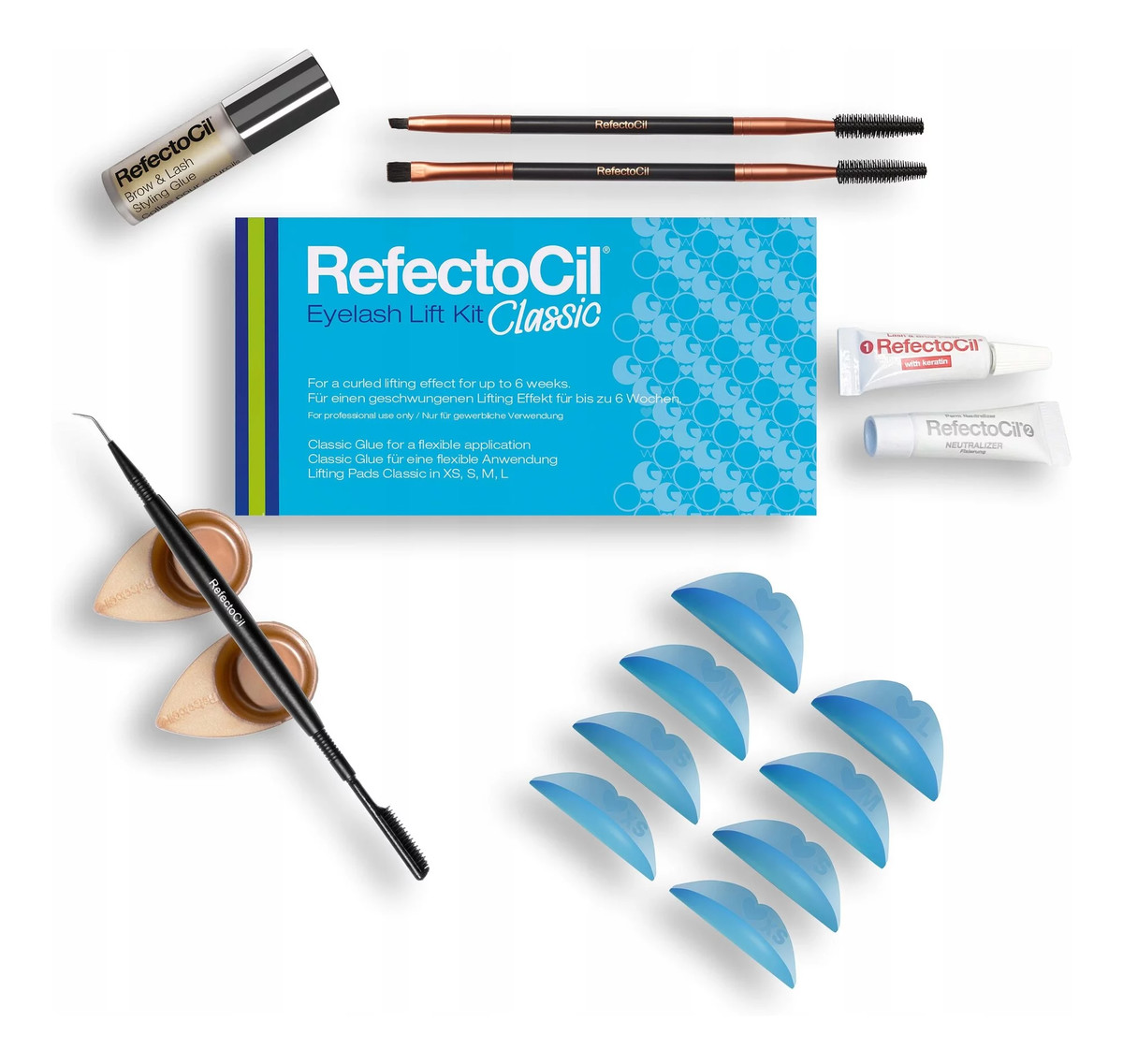 Eyelash Lift Kit trwała na brwi i 3,5ml + neutralizator + klej stylizacji brwi i + lifter + pędzelki + naczynia aplikacji + 2X Podkładki Do Liftingu Rzęs Classic Xs, S, M, L