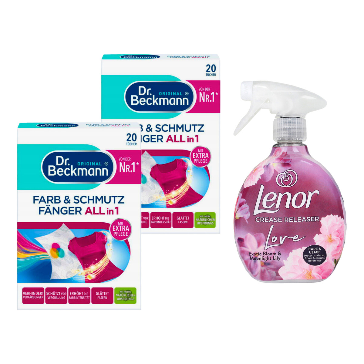 Dr. Beckmann Chusteczki do prania 20 szt. x2 + Lenor Żelazko w sprayu Exotic Bloom 500ml