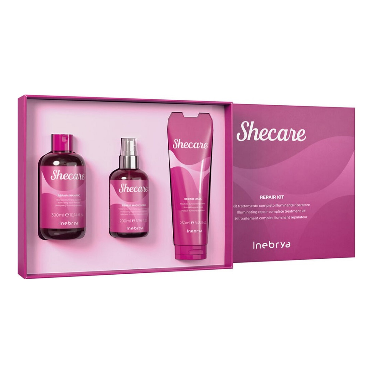 Inebrya Shecare Repair Kit Zestaw shampoo 300ml + mask 250ml + magic spray 200ml