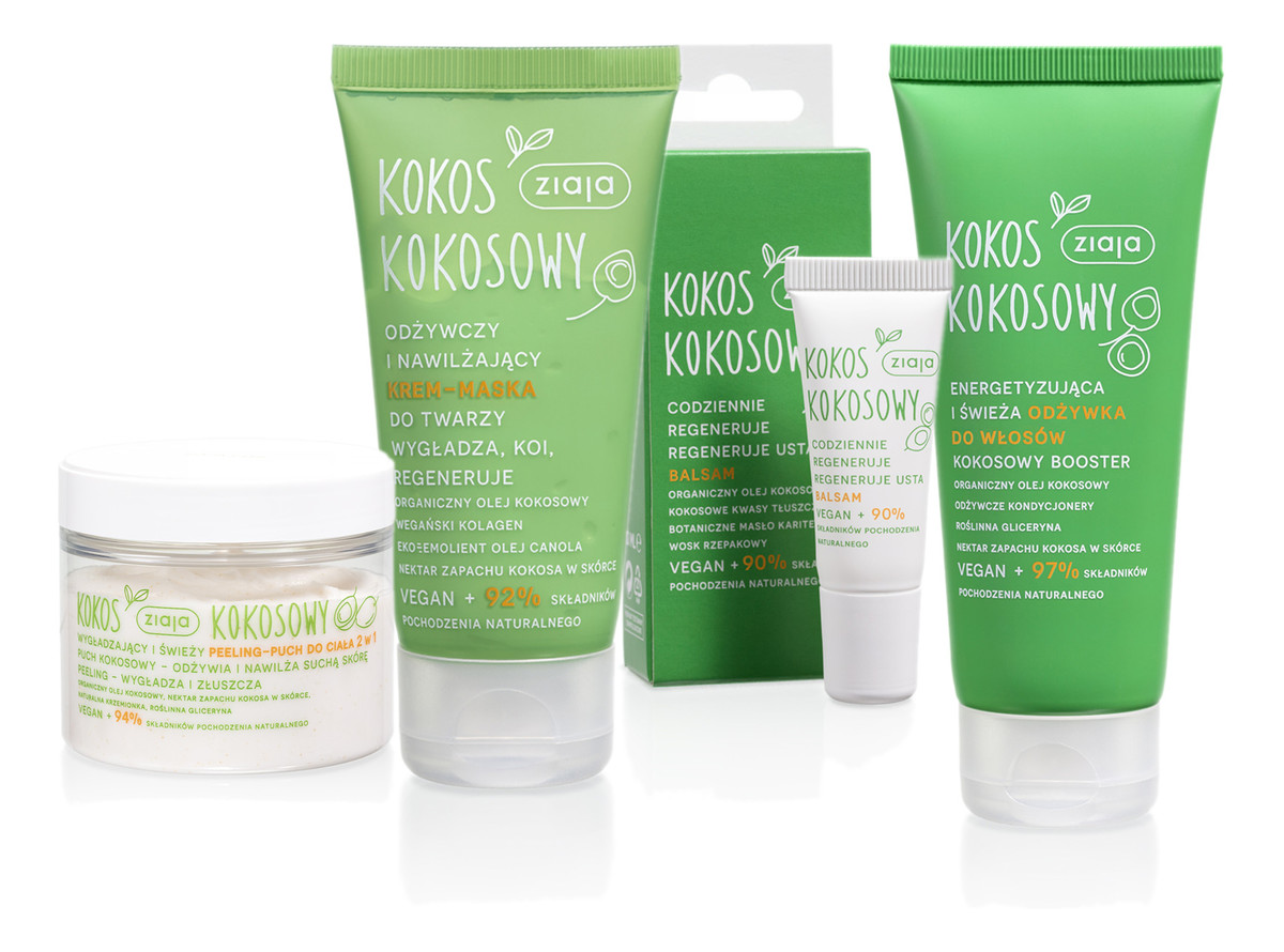 Peeling do ciała + odżywka do włosów + krem do twarzy + balsam do ust