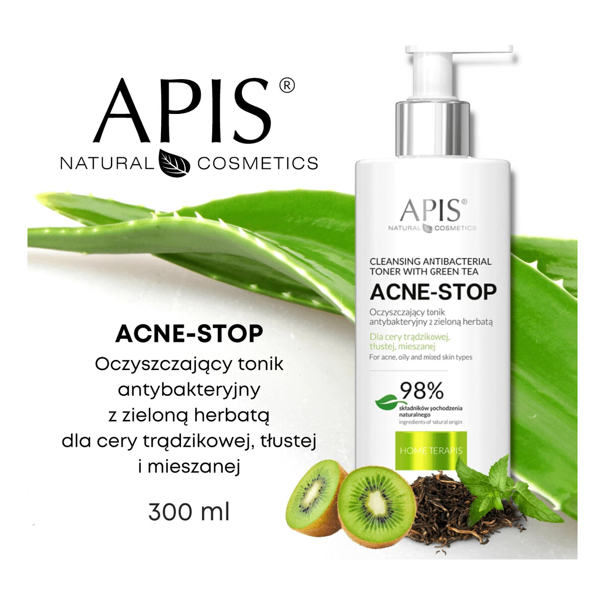 Apis Acne-stop cleansing antibacterial toner oczyszczający tonik antybakteryjny z zieloną herbatą 300ml
