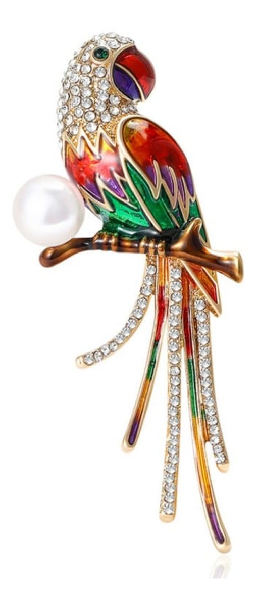 Broszka ozdobna - papuga z cyrkoniami i perłą BZ221