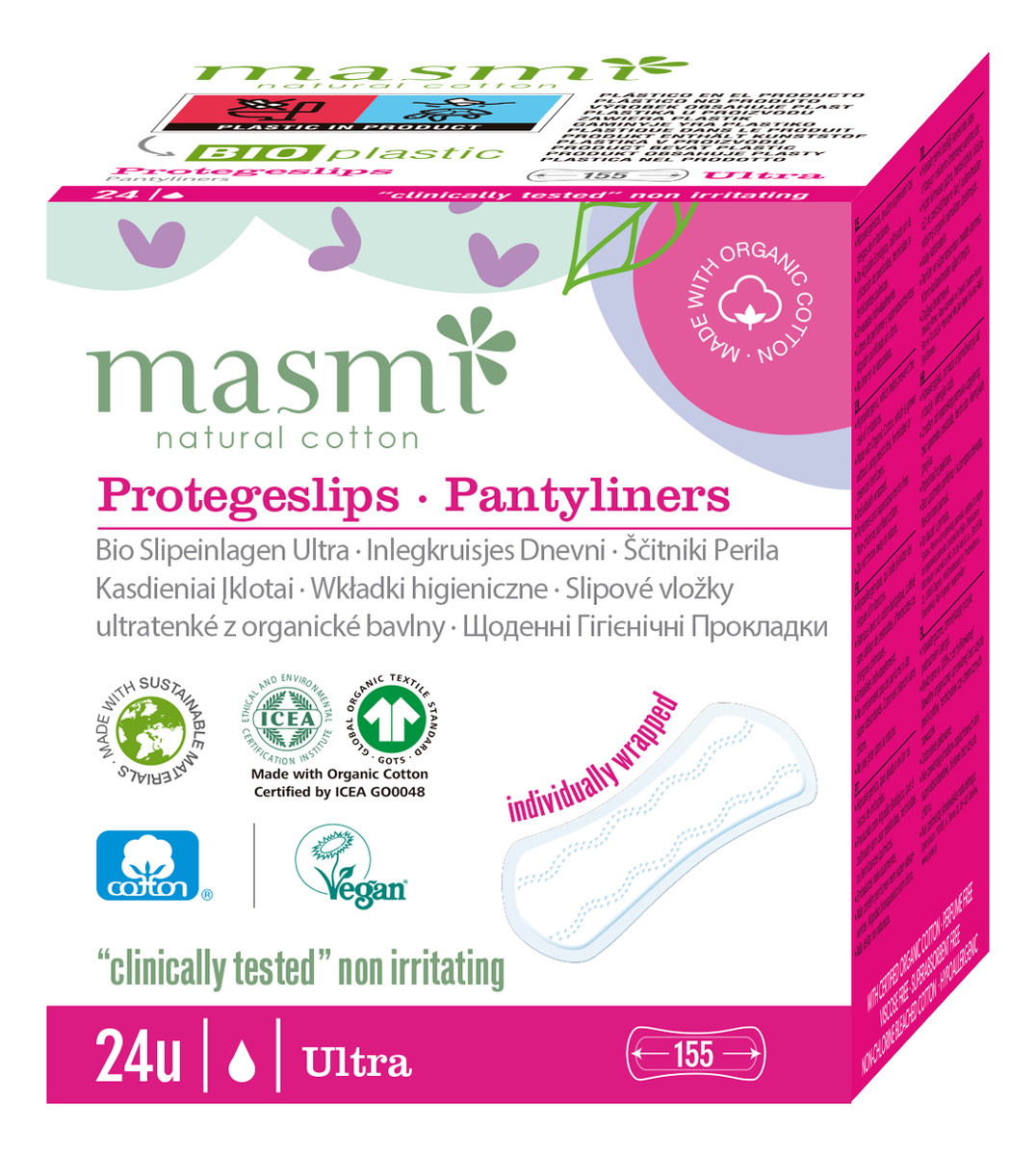 Pantyliners Ultra cienkie wkładki higieniczne o anatomicznym kształcie z bawełny organicznej 24szt